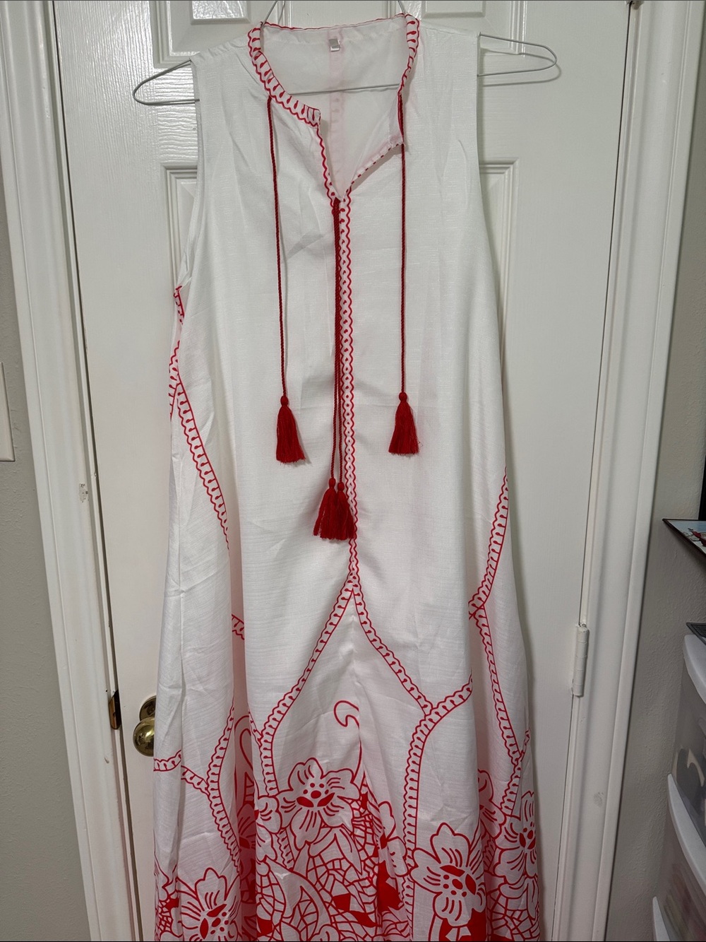 White Maxi Dress with Red Embroidery & Tassels